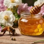 Close-up of a jar of raw honey with a honey dipper, surrounded by blooming flowers and a bee on a wooden table