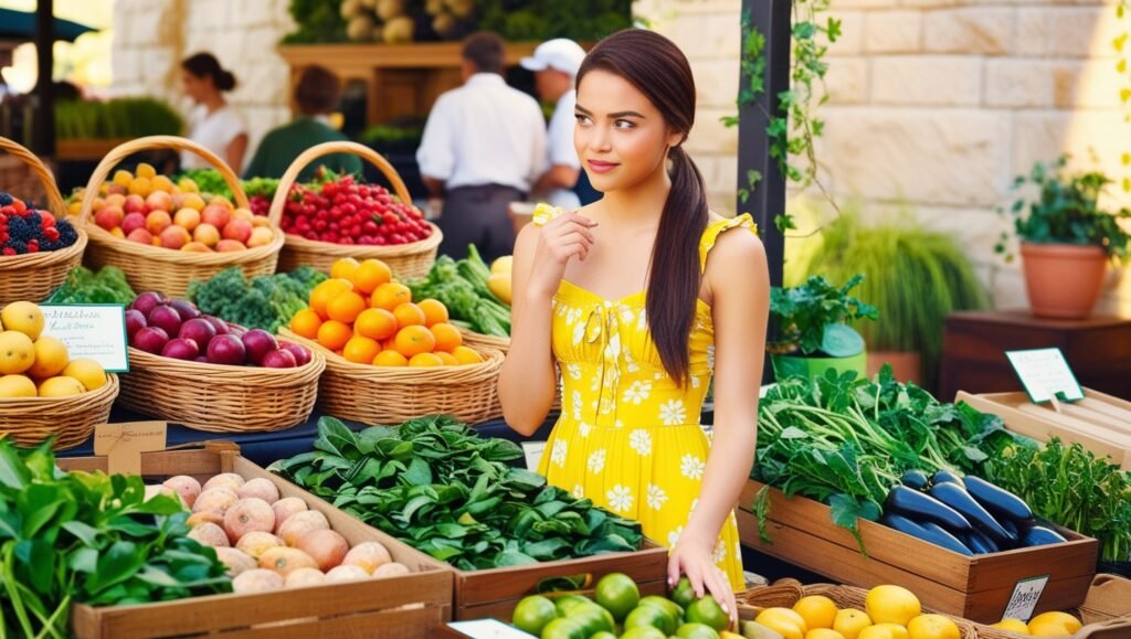 Young woman in a yellow dress shopping at an organic market, surrounded by baskets of fresh fruits and vegetables