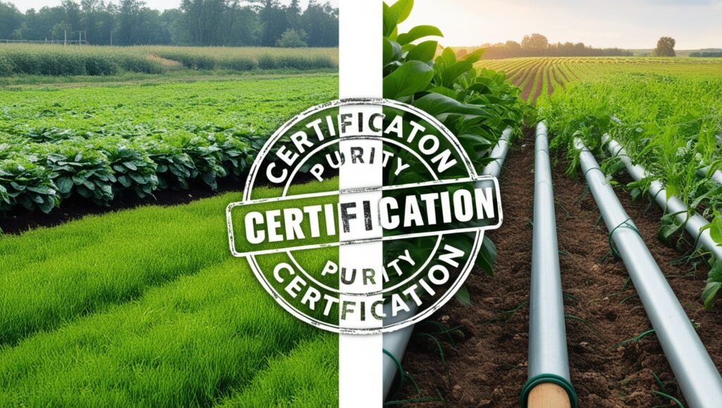 Comparison of organic and conventional farming methods with certification stamp, highlighting that organic certification is not completely chemical-free